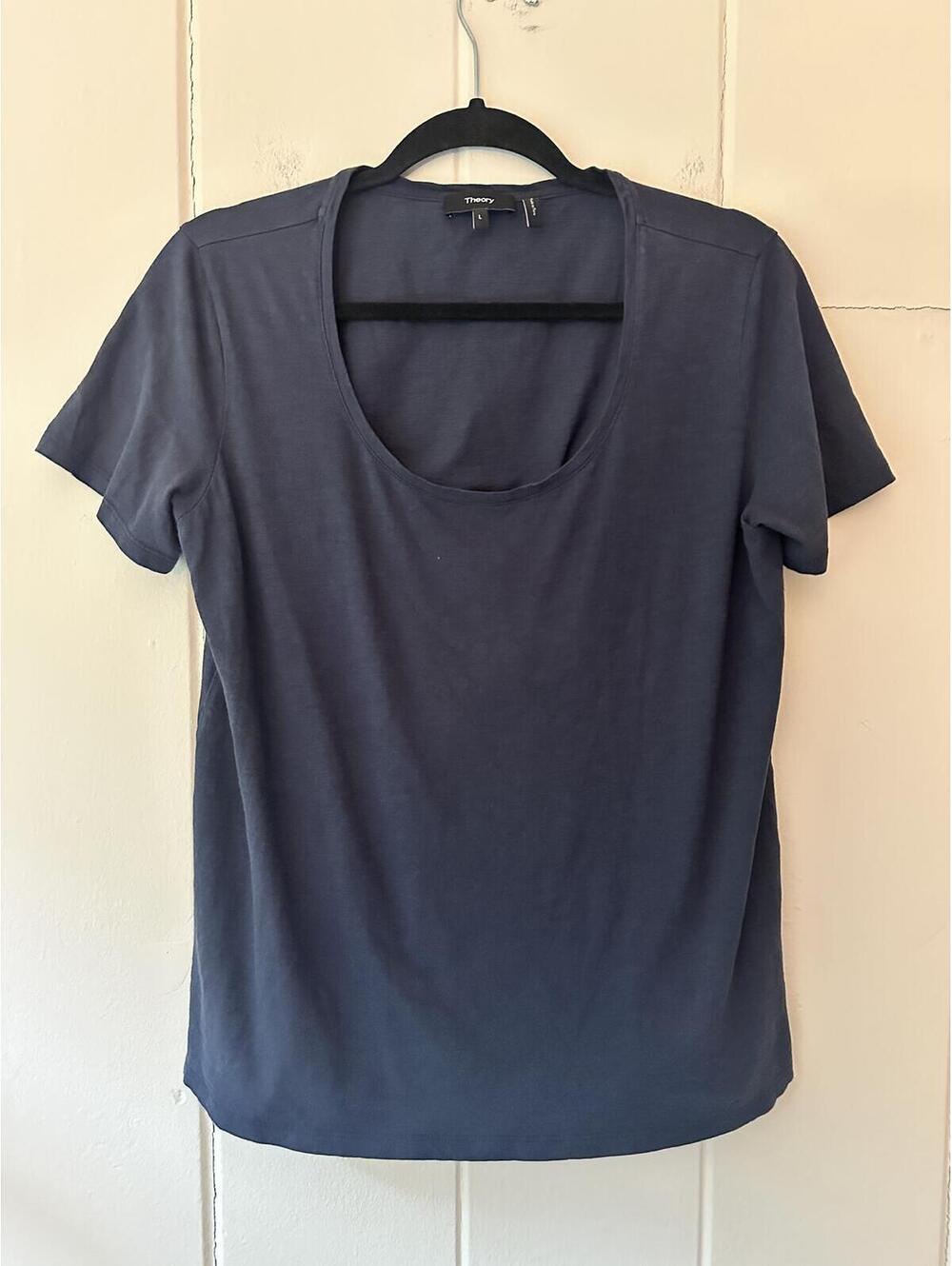 Theory Navy Scoop Neck Tee with Size Slits and Hi Low Hem 100% Cotton Size Large